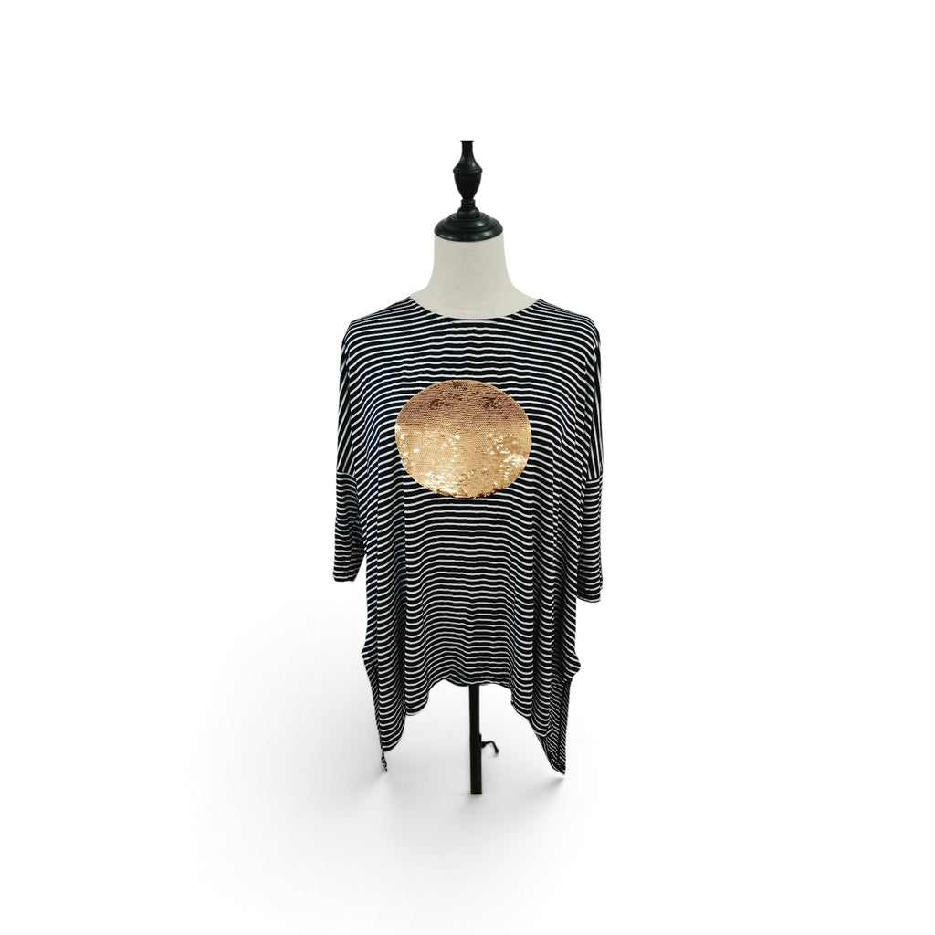 Izabel Gold Sequin Circle and Striped Top