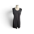 A sleeveless black and gray marled knit dress displayed on a cream mannequin torso against a white background.
