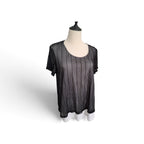 A black sheer mesh short-sleeve top with vertical stripes, displayed on a mannequin torso against a white background.
