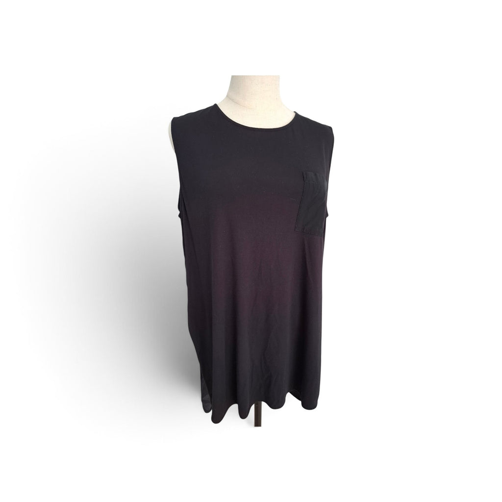 A sleeveless black top with a small chest pocket, displayed on a mannequin torso against a white background.