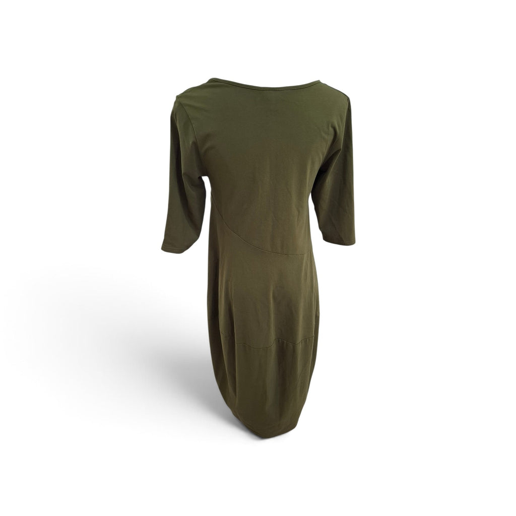 An olive green midi dress with three-quarter sleeves and a wide boat neckline, shown from the back on a white background.