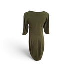An olive green midi dress with three-quarter sleeves and a wide boat neckline, shown from the back on a white background.