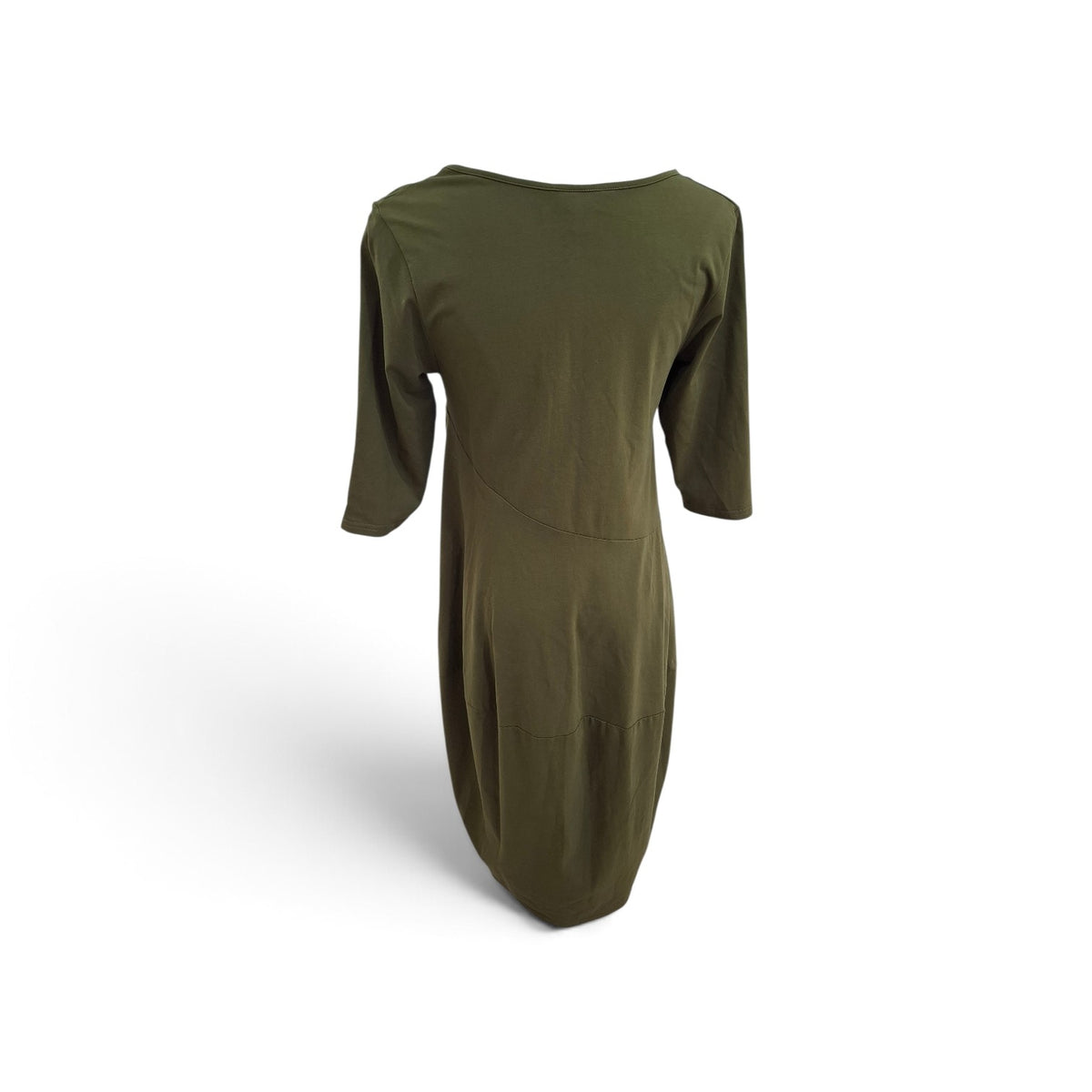 An olive green midi dress with three-quarter sleeves and a wide boat neckline, shown from the back on a white background.