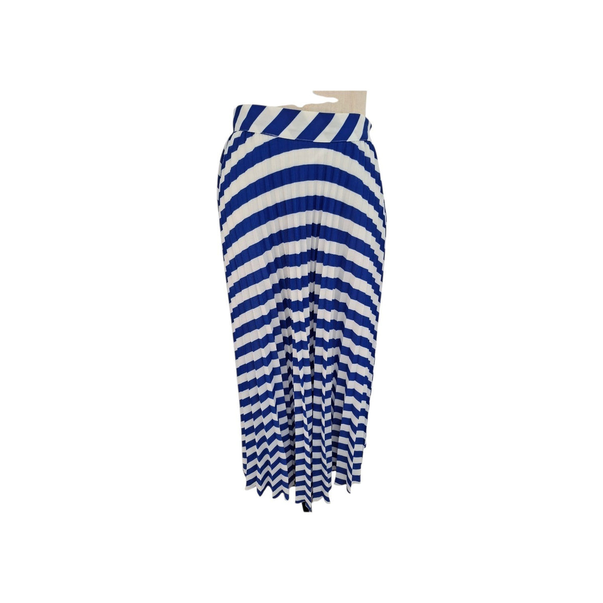 A pleated wrap-style midi skirt with bold blue and white diagonal stripes, displayed on a neutral hanger against a plain white background.