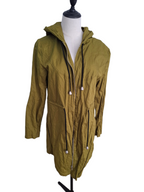 An olive green hooded jacket displayed on a white mannequin torso against a plain white background.