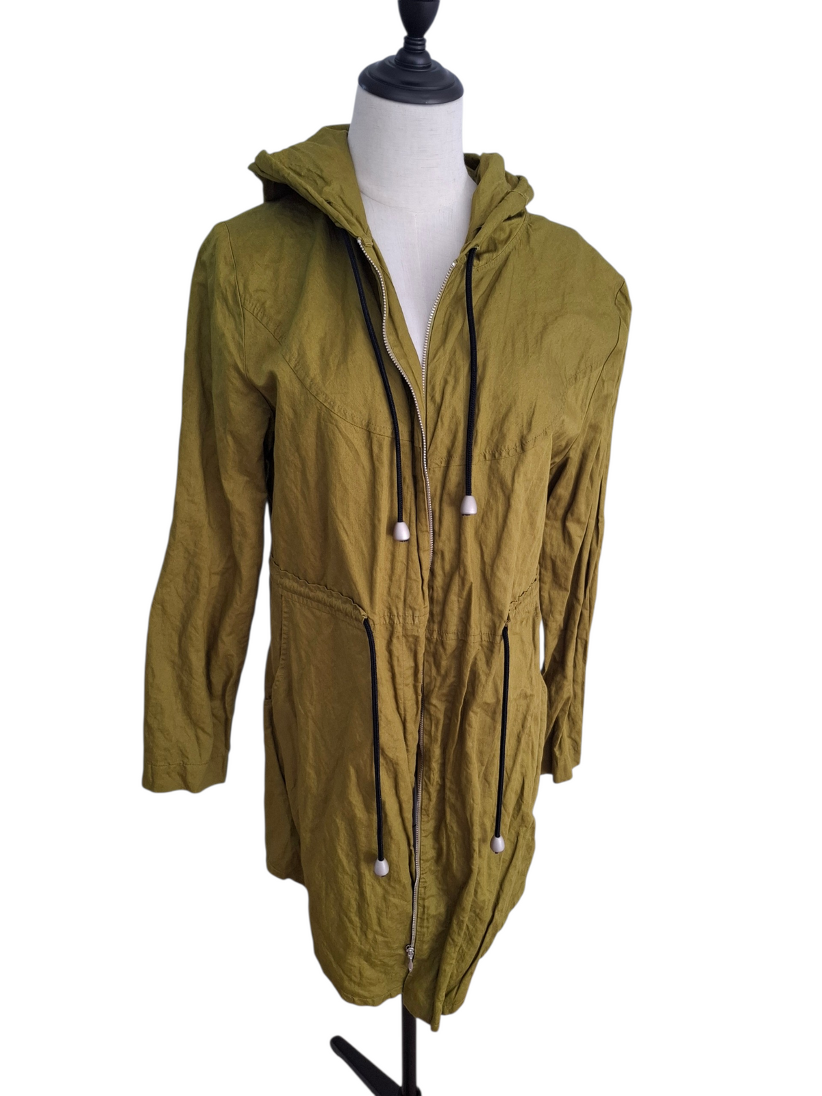 An olive green hooded jacket displayed on a white mannequin torso against a plain white background.