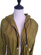 An olive green hooded zip-up jacket displayed on a white dress form mannequin against a plain white background.