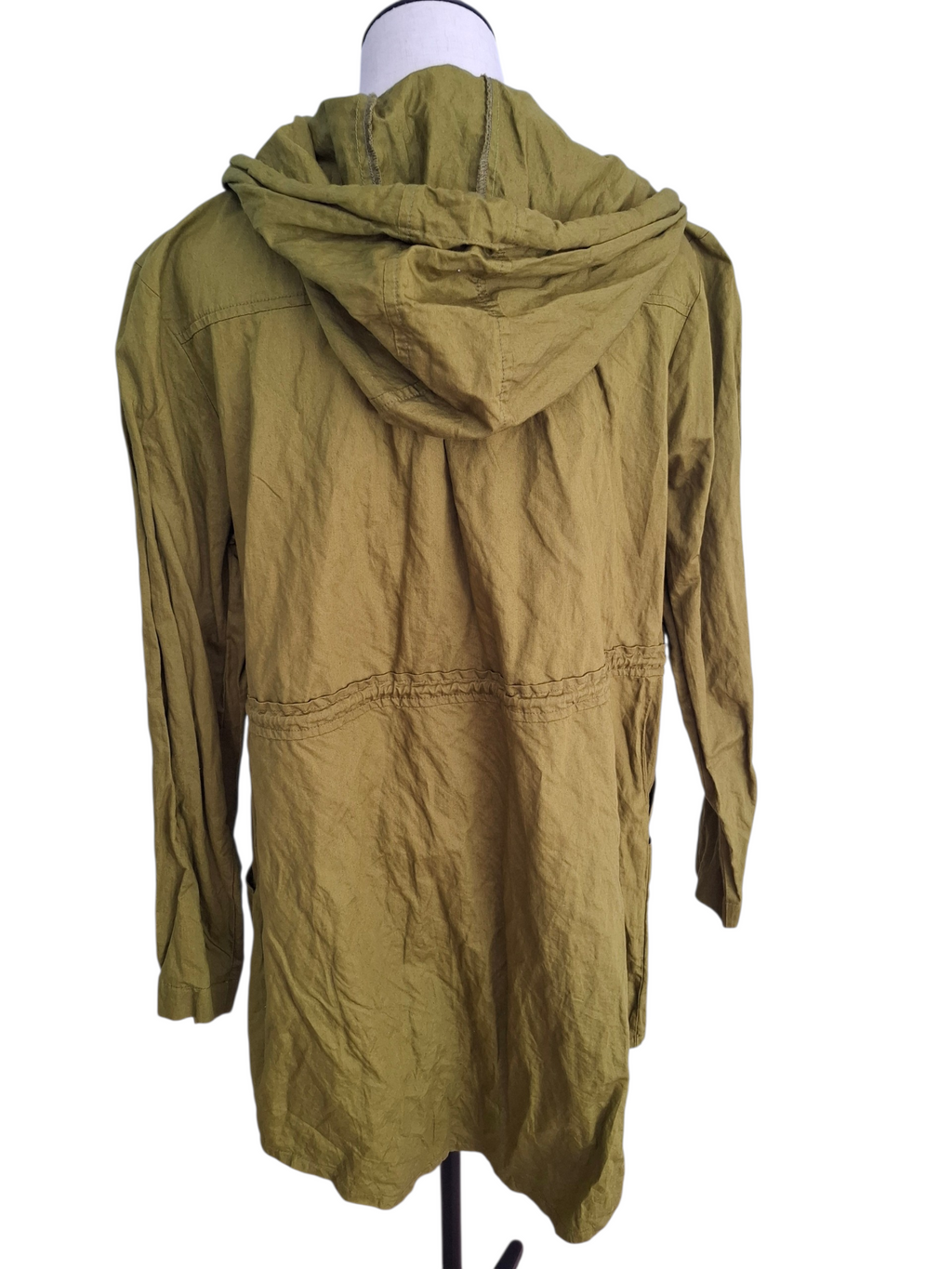 An olive green hooded jacket displayed on a mannequin torso against a plain white background.