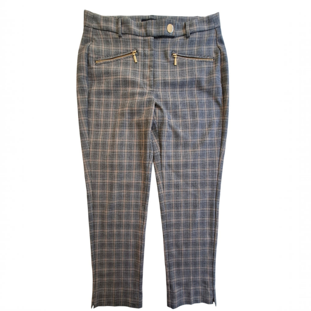 A pair of cropped plaid trousers in blue, gray, and beige with gold-tone zipper details on the back pockets, shown flat against a white background.