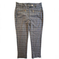A pair of cropped plaid trousers in blue, gray, and beige with gold-tone zipper details on the back pockets, shown flat against a white background.