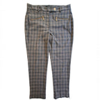 A pair of cropped plaid trousers in blue, gray, and beige with gold-tone zipper details on the back pockets, shown flat against a white background.