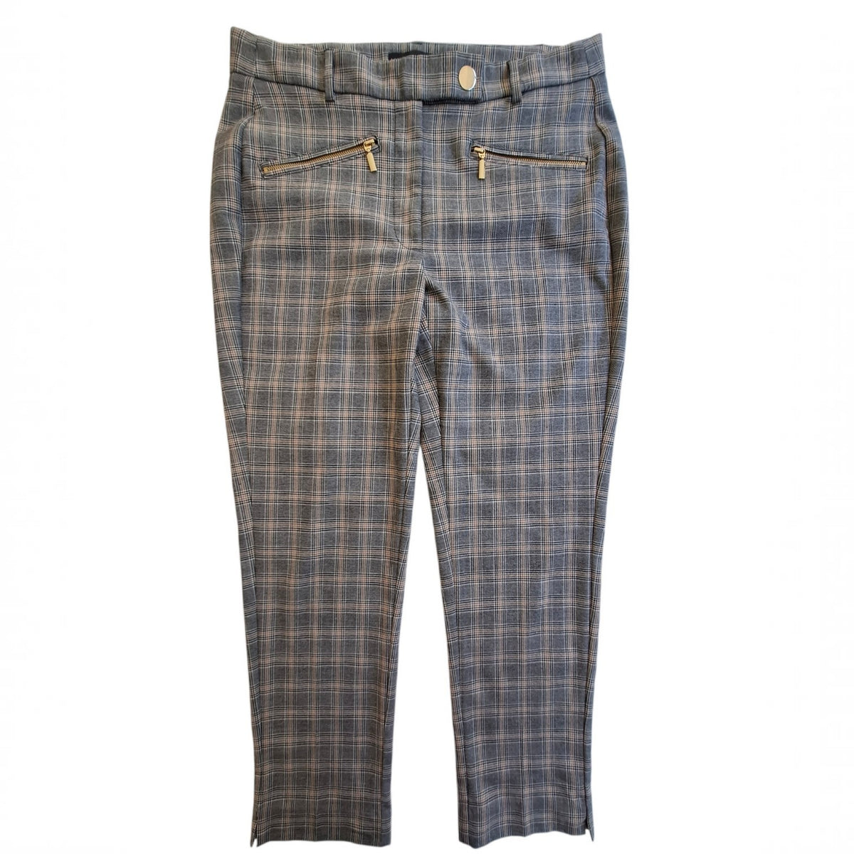 A pair of cropped plaid trousers in blue, gray, and beige with gold-tone zipper details on the back pockets, shown flat against a white background.