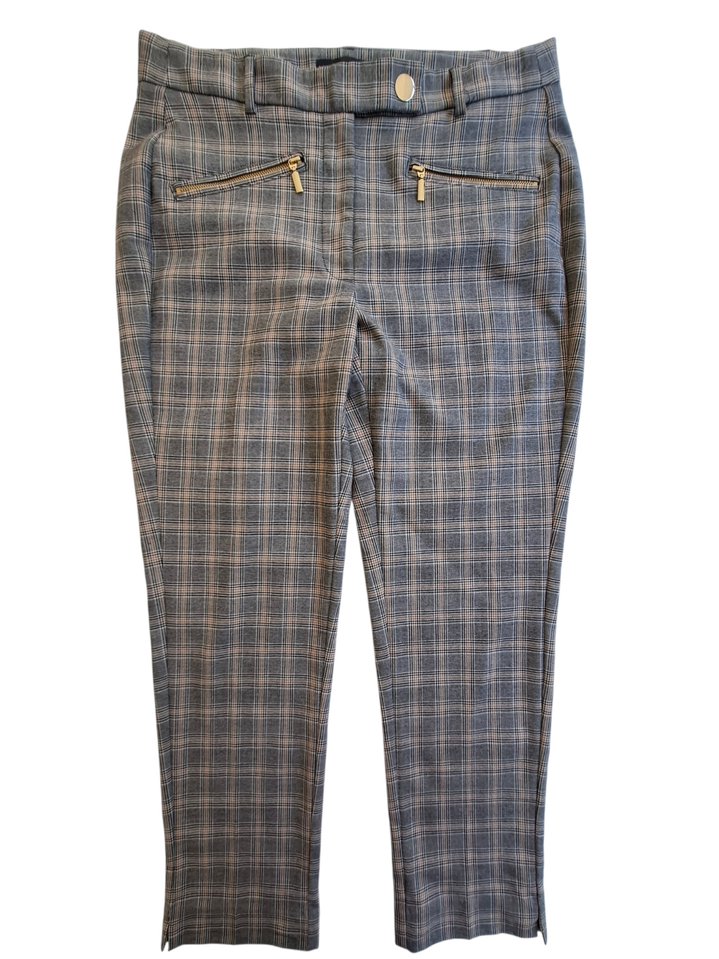 A pair of cropped plaid pants in a blue-gray and beige pattern, featuring two zippered pockets on the back and a single gold-tone button at the waistband, shown against a plain white background.