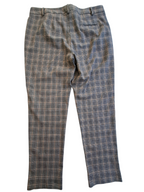 A pair of women's plaid trousers in a muted blue-gray and beige/tan pattern, shown flat against a white background.