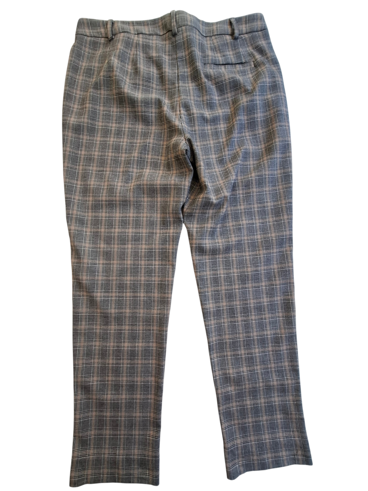 A pair of women's plaid trousers in a muted blue-gray and beige/tan pattern, shown flat against a white background.