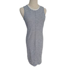 A sleeveless bodycon dress with horizontal navy and white stripes, displayed on a mannequin torso against a plain white background.
