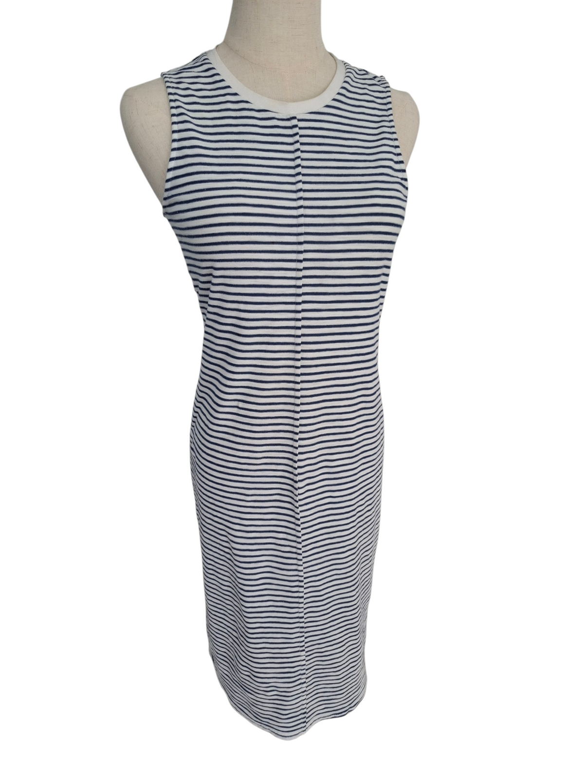 A sleeveless bodycon dress with horizontal navy and white stripes, displayed on a mannequin torso against a plain white background.