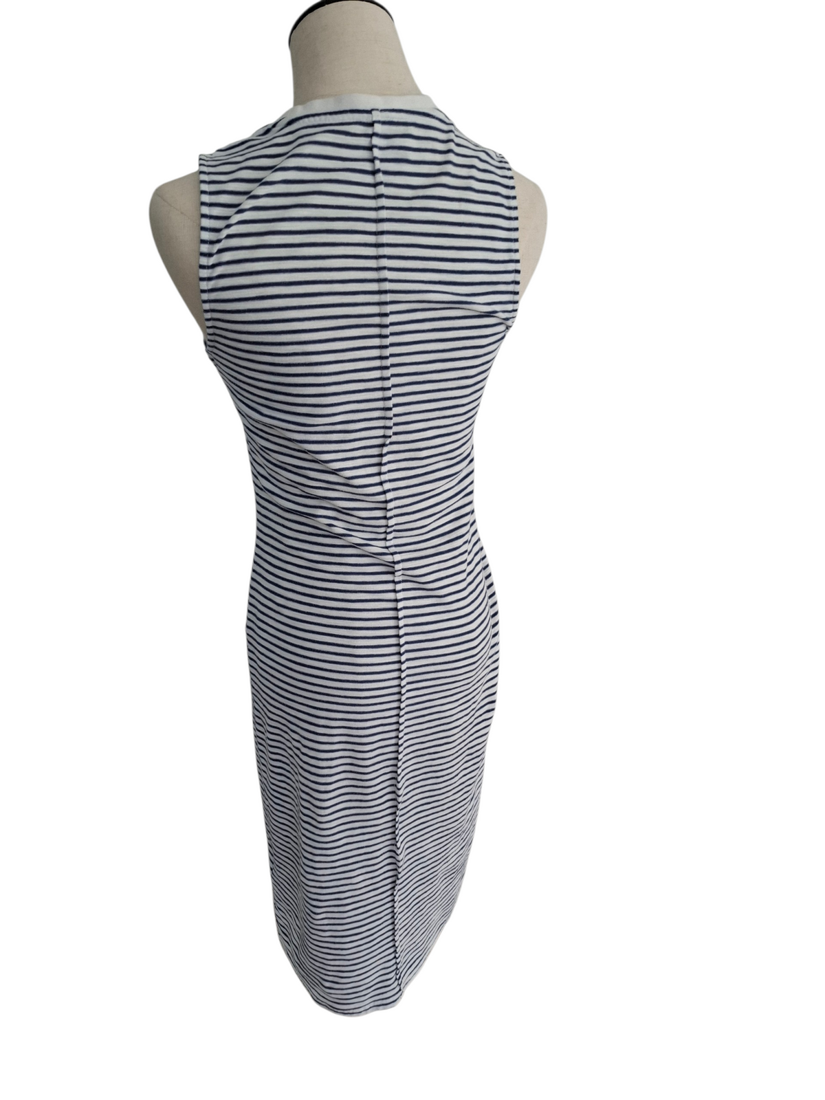 A sleeveless bodycon dress with thin navy and white horizontal stripes, shown from the back on a mannequin against a white background.