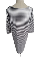 A black and white horizontally striped short-sleeve tunic top displayed on a mannequin torso against a plain white background.