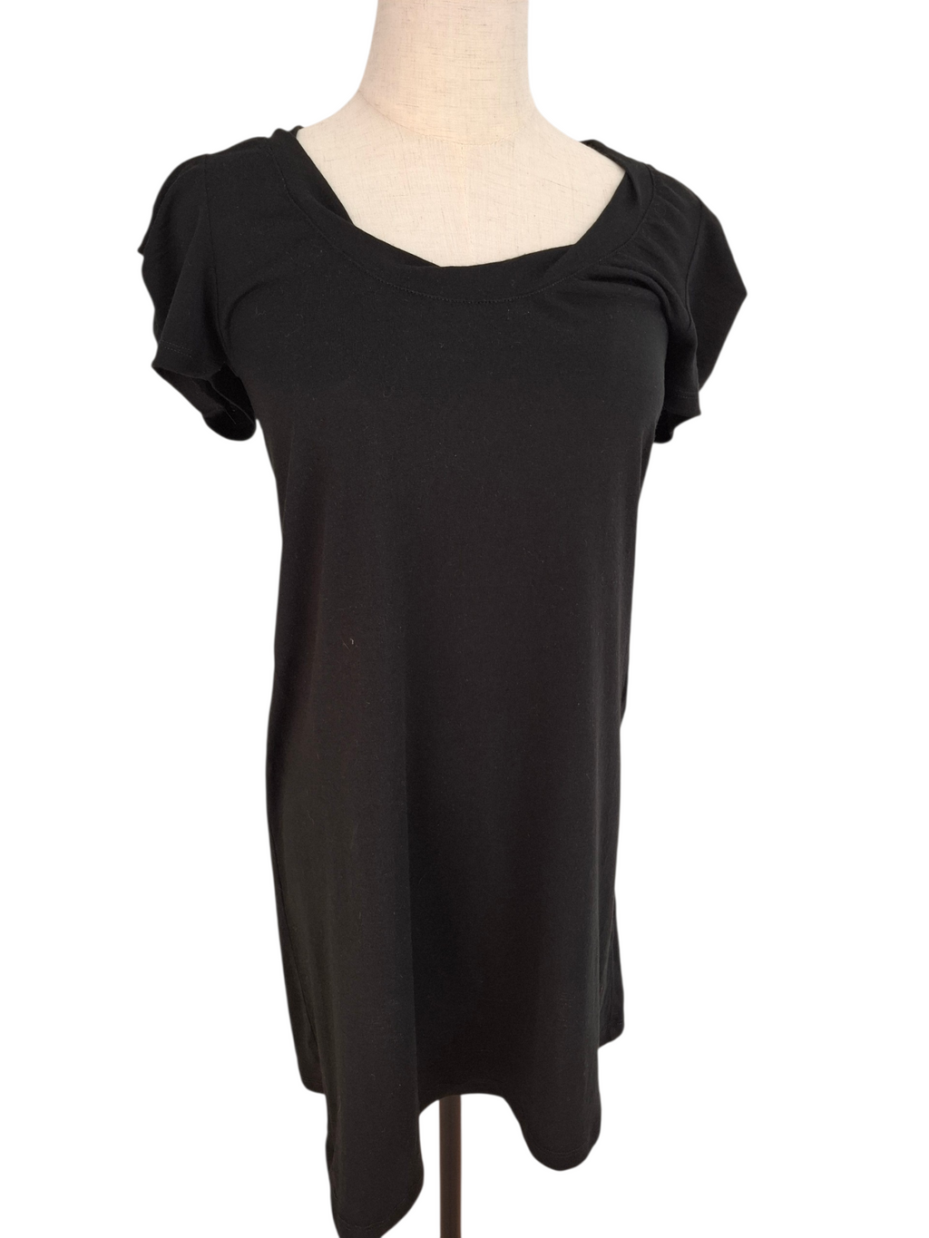 A black short-sleeve top with a scoop neckline, displayed on a mannequin torso against a plain white background.