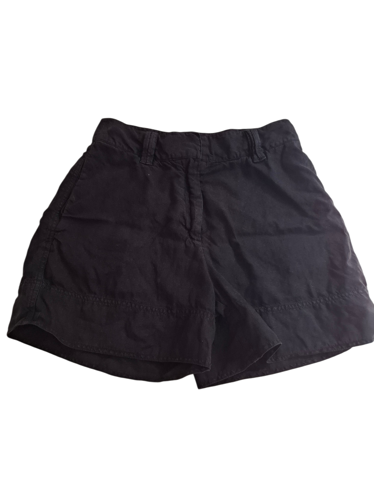 Black shorts with a button closure and belt loops, laid flat against a white background.