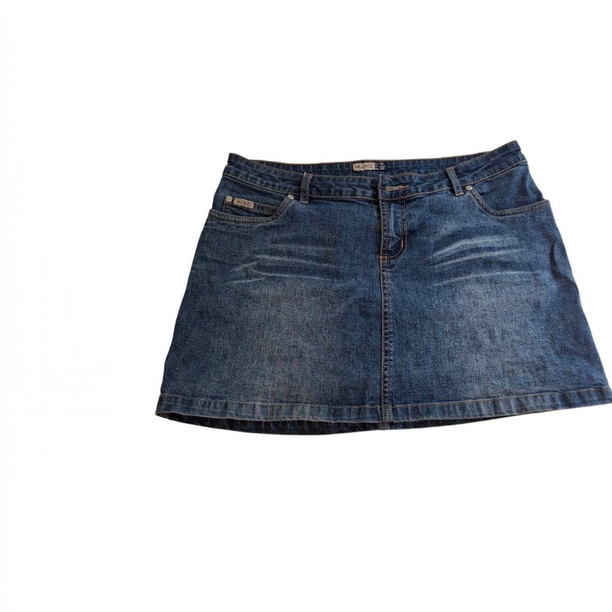 A blue denim mini skirt with a faded wash, featuring classic five-pocket styling and a front button closure, laid flat against a white background.