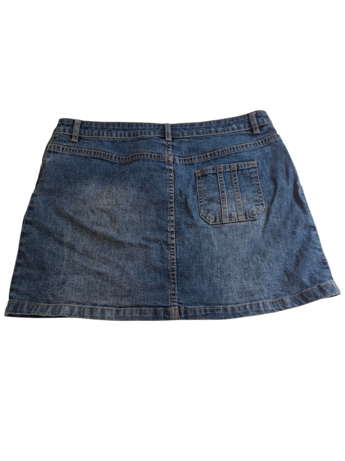 A blue denim mini skirt shown from the back, featuring a button closure, belt loops, and a single back patch pocket, laid flat against a white background.
