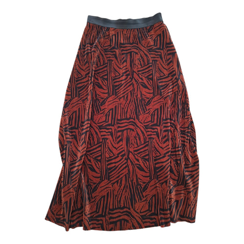 A red and black patterned midi skirt with a dark gray waistband, displayed against a plain white background.
