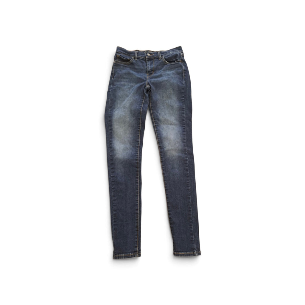 A pair of dark blue denim jeans with a faded light blue wash on the thighs, laid flat against a white background.