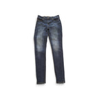 A pair of dark blue denim jeans with a faded light blue wash on the thighs, laid flat against a white background.