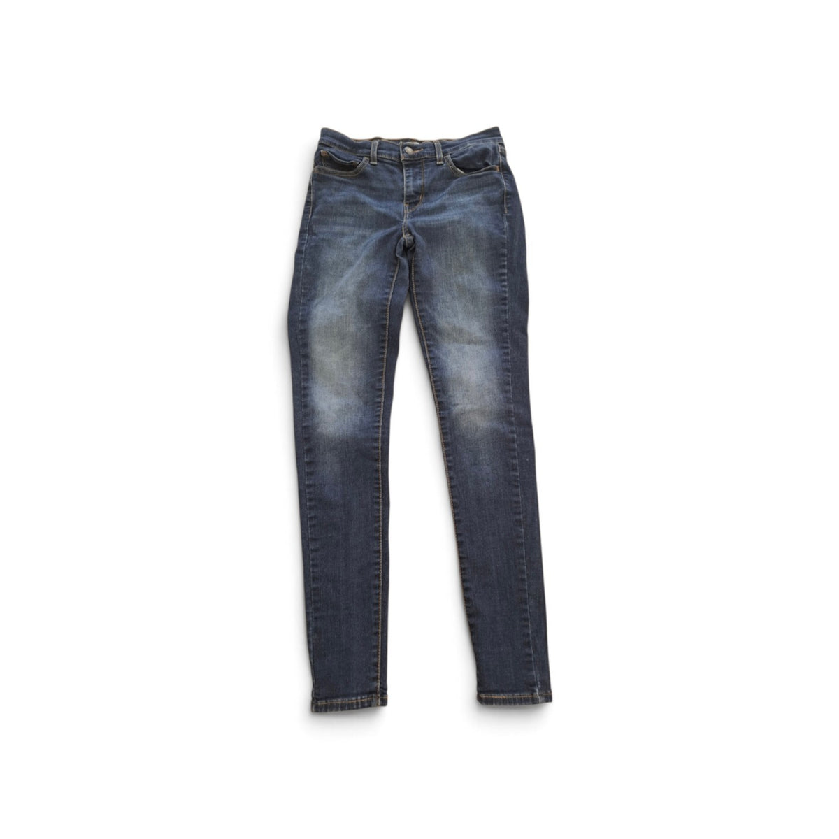 A pair of dark blue denim jeans with a faded light blue wash on the thighs, laid flat against a white background.