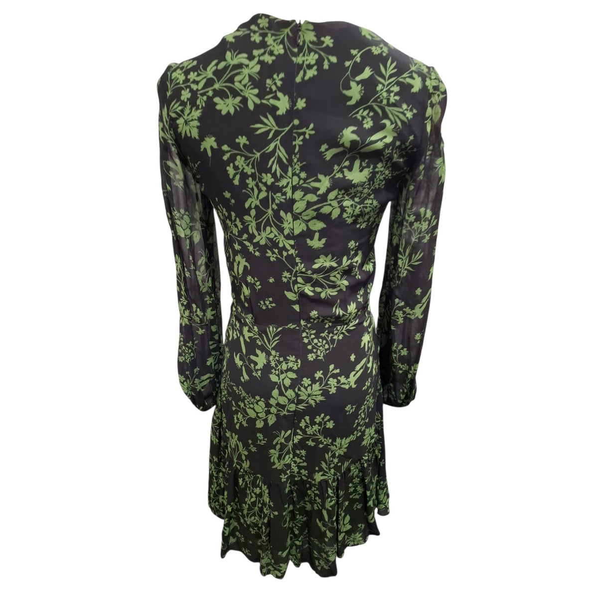 A long-sleeve midi dress with a green botanical and bird pattern on a black background, shown from the back against a plain white background.