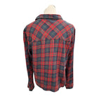 A red and navy plaid long-sleeve flannel shirt displayed on a mannequin torso against a white background.