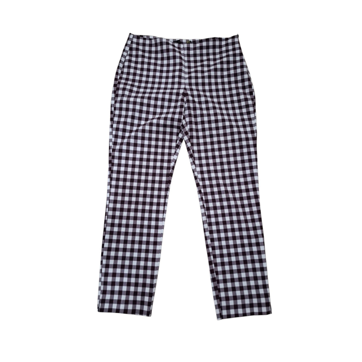 Black and white gingham checkered pants shown flat against a solid white background.