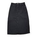 A black denim skirt with a front button closure and silver rivets, laid flat against a white background.