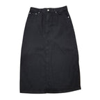 A black denim skirt with a front button closure and silver rivets, laid flat against a white background.