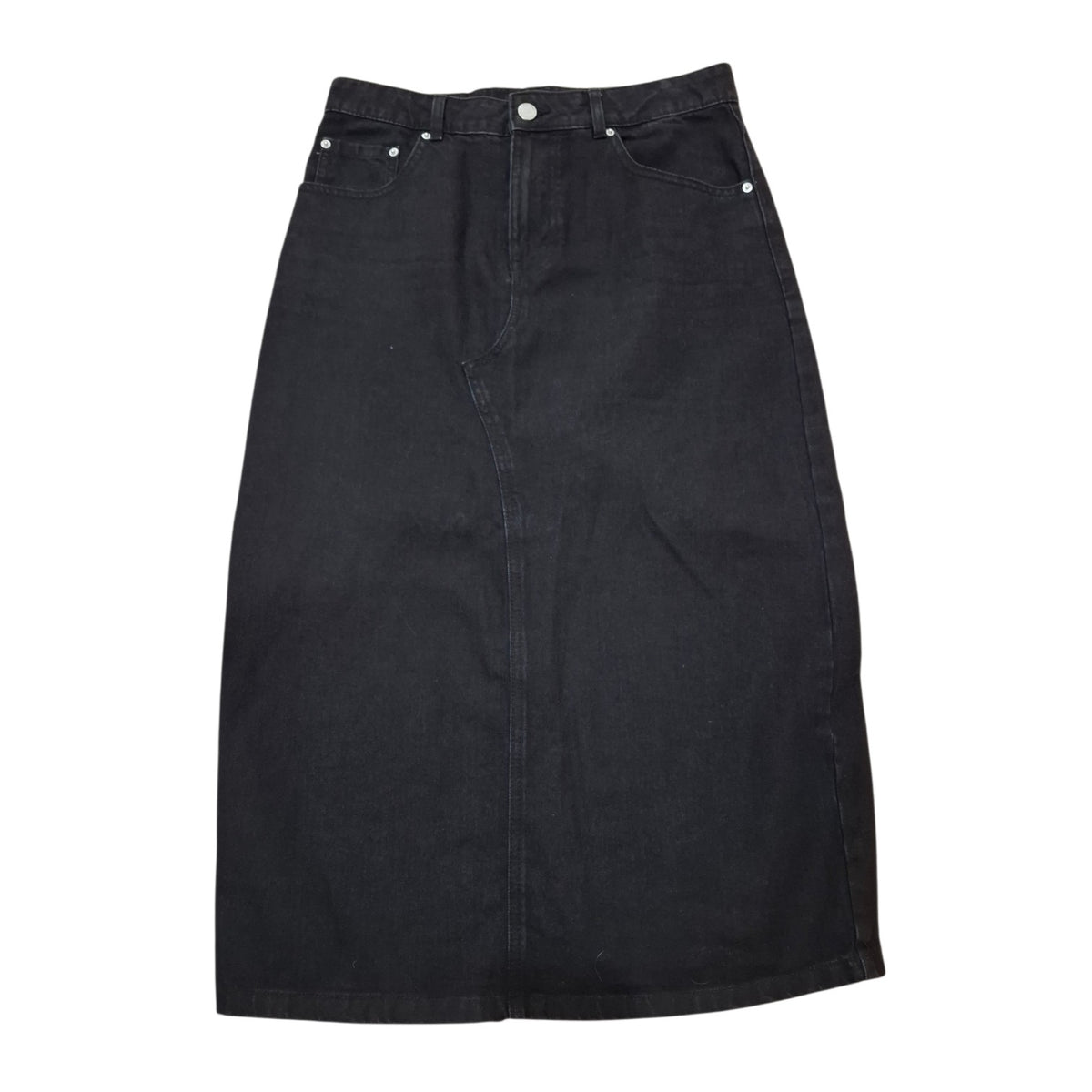 A black denim skirt with a front button closure and silver rivets, laid flat against a white background.
