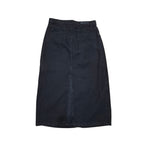 A dark navy blue denim skirt with a front zipper closure and a central seam, shown flat against a plain white background.