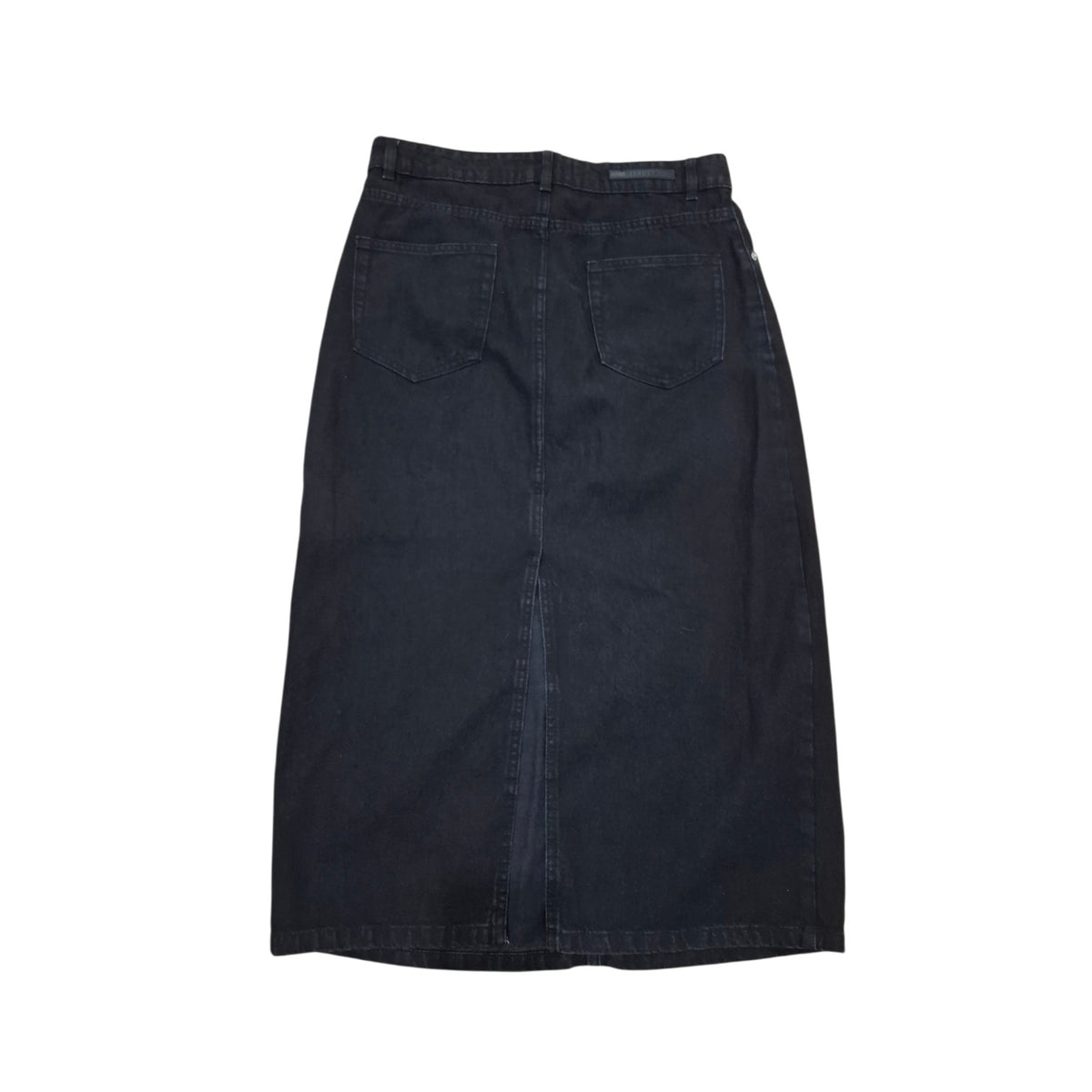 A dark navy blue denim skirt with a front zipper closure and a central seam, shown flat against a plain white background.