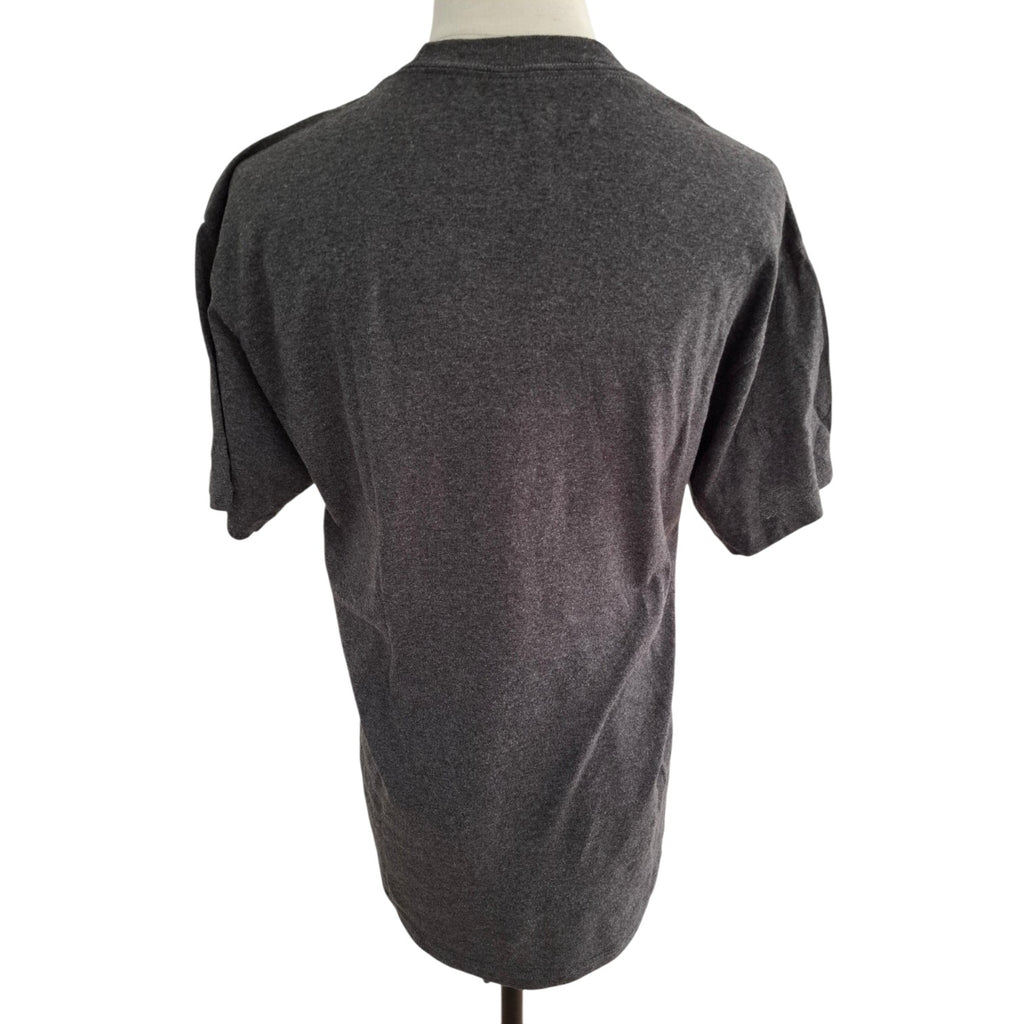 A dark gray heather short-sleeve t-shirt displayed on a mannequin torso from the back, against a plain white background.