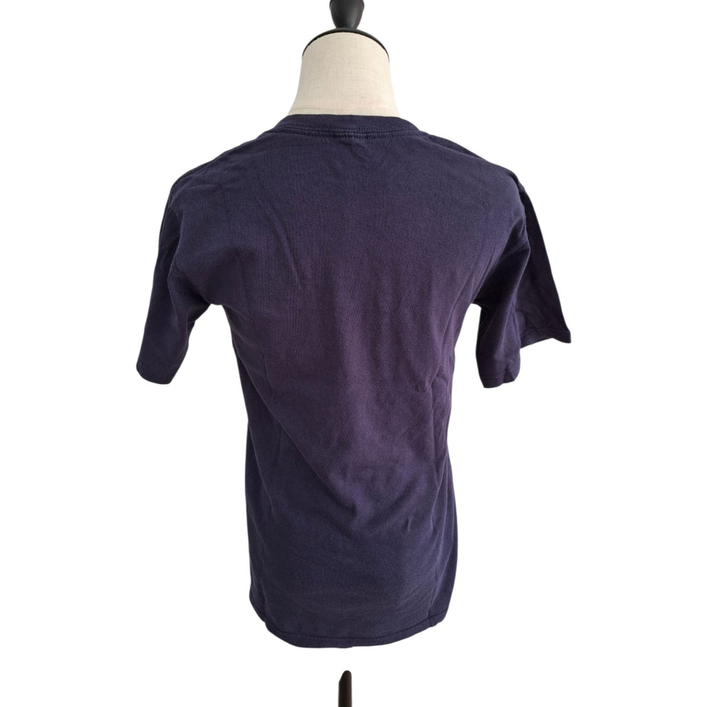 A dark navy blue short-sleeve t-shirt displayed on a mannequin torso against a plain white background.