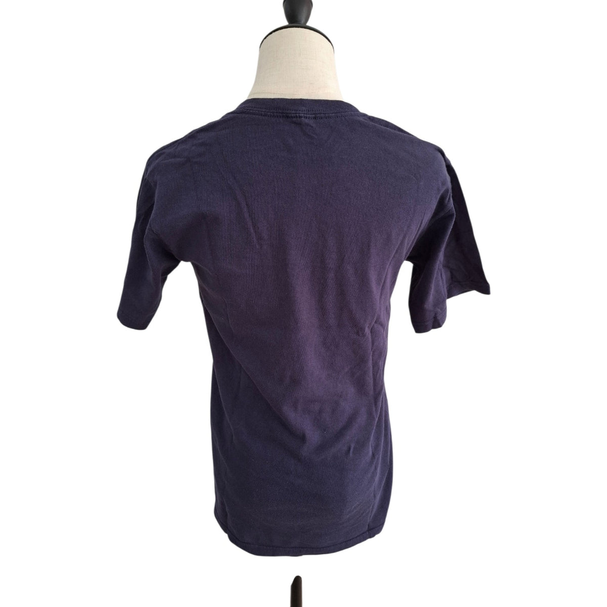 A dark navy blue short-sleeve t-shirt displayed on a mannequin torso against a plain white background.