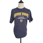 A heather navy blue short-sleeve t-shirt displayed on a dress form mannequin. The shirt features 'STONY POINT TIGERS' printed in yellow and white arched lettering across the chest, with a white football graphic and a gold 'SF' logo below.
