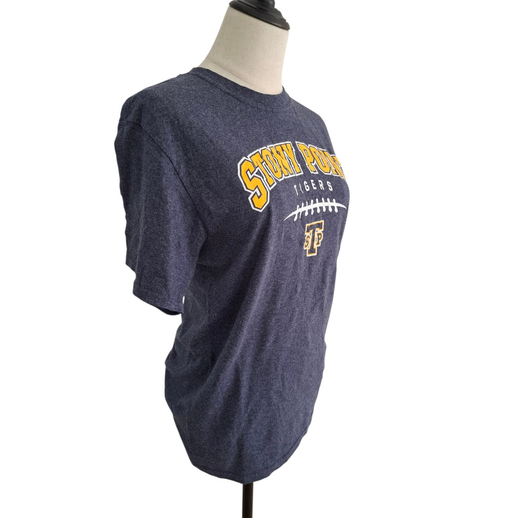 A heather navy blue short-sleeve t-shirt displayed on a mannequin torso. The shirt features 'STANLEY POTETS TIGERS' in yellow and white arched text across the chest, with a football graphic and 'SF' logo below.