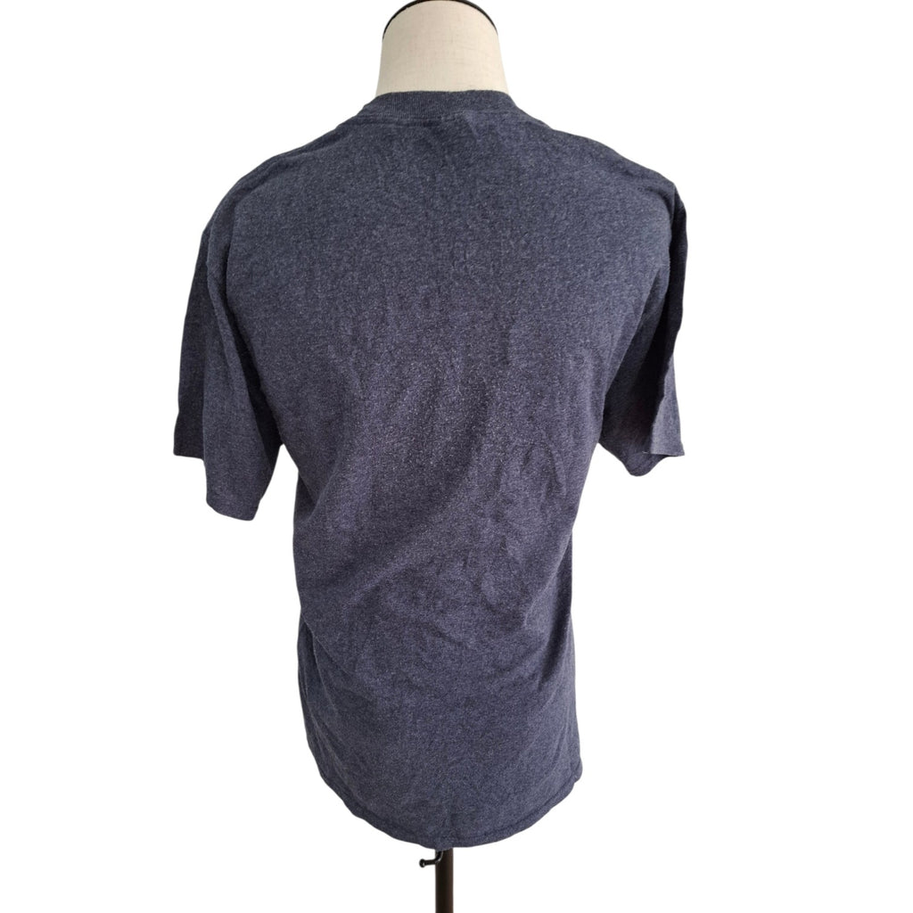 A dark heather gray short-sleeve t-shirt displayed on a mannequin torso from the back, set against a plain white background.