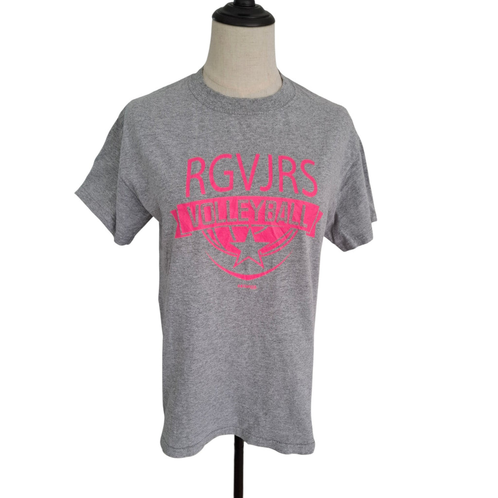 A heather gray short-sleeve t-shirt displayed on a mannequin torso against a white background. The shirt features a bright pink graphic on the chest with the text 'RGVJRS' and 'MILWAUKEE' with a baseball silhouette.