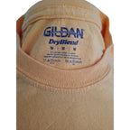 Close-up of the inside collar of a Gildan DryBlend t-shirt in a light peach-beige color, showing the blue brand and size label.