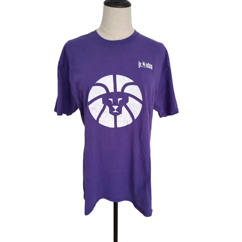 A purple short-sleeve t-shirt displayed on a mannequin torso against a white background. The shirt features a large white circular graphic on the chest with a ram's head profile, and a small white 'jr.
