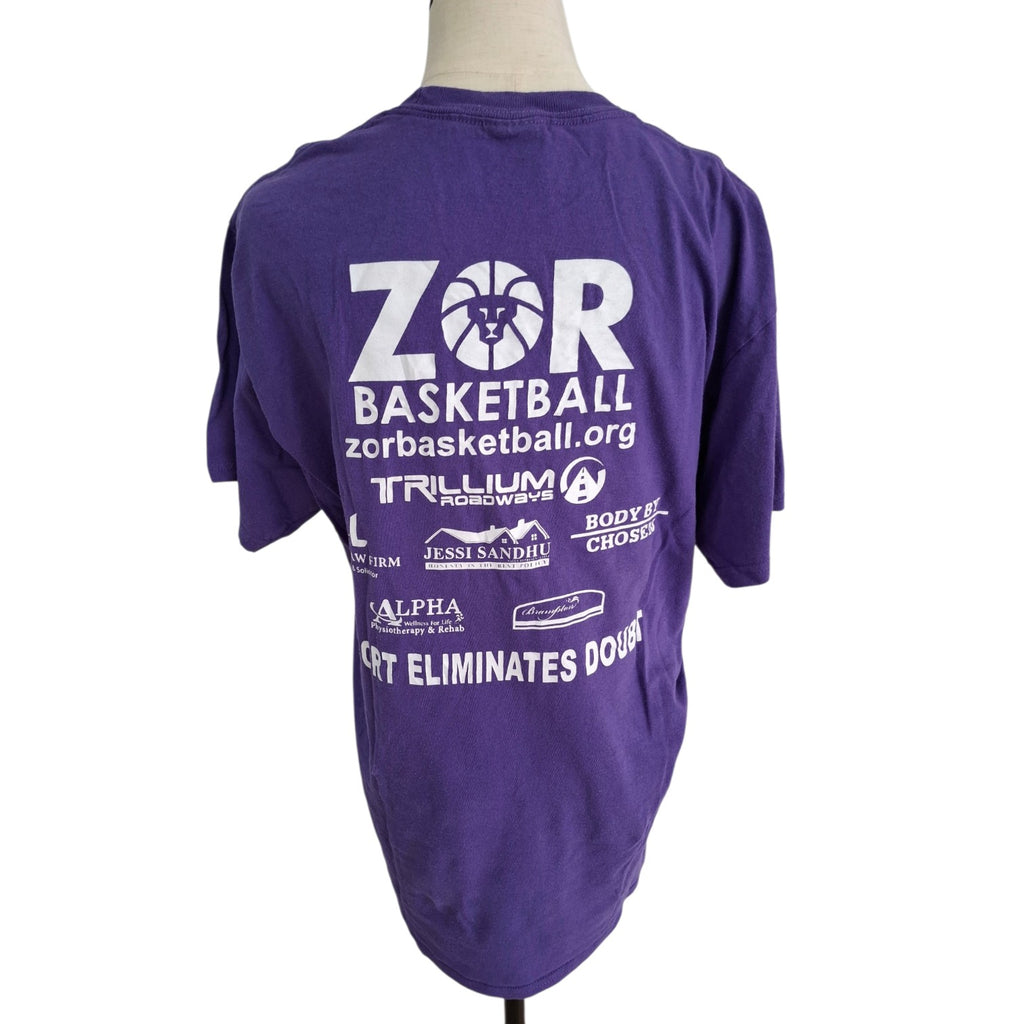 A purple short-sleeve t-shirt displayed on a mannequin torso, showing the back side with white printed graphics and text for 'ZOR Basketball' and sponsor logos.