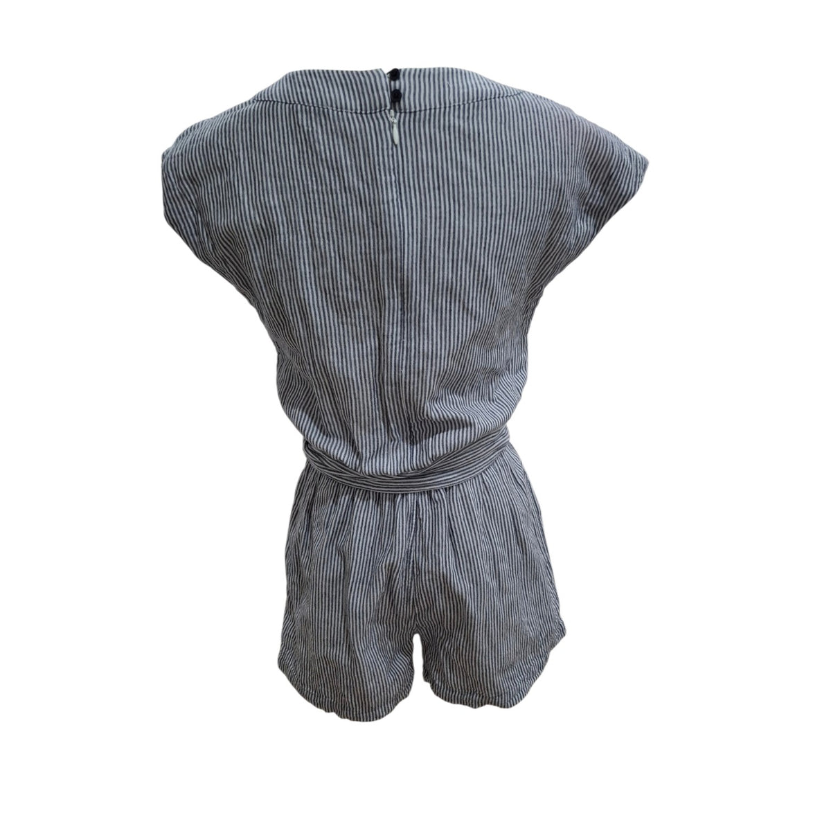 A gray and white vertically striped romper with short sleeves and a matching waist tie, shown from the back on a white background.